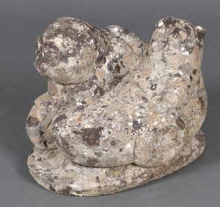 A well weathered concrete garden  concrete figure of 2 pigs with motorcycle and side car 23cm 