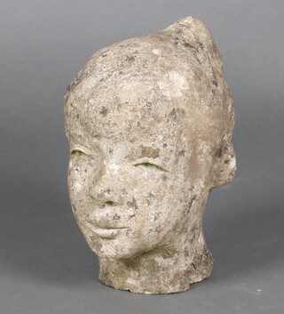 A well weathered concrete garden  bust of a girl 26cm 