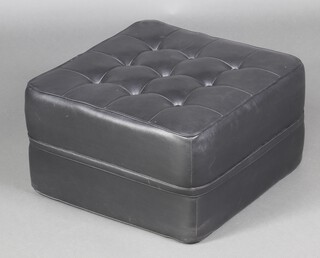 A square foot stool/pouffe upholstered in black buttoned rexine 28cm h x 50cm 