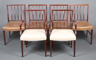 A set of 6 mid-century mahogany finished stick and rail back dining chairs - 2 carvers, 4 standard 