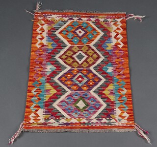 A white, orange and turquoise ground Chobi Kilim rug 91cm x 59cm 