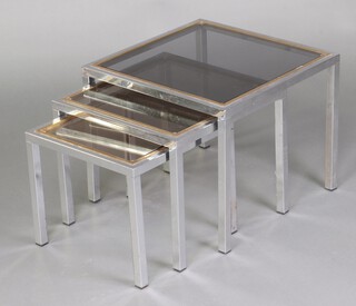 A nest of 3 mid-century chrome, gilt metal and smoked plate glass coffee tables 40cm h x 50cm w x 51cm (some corrosion to metal in places) 