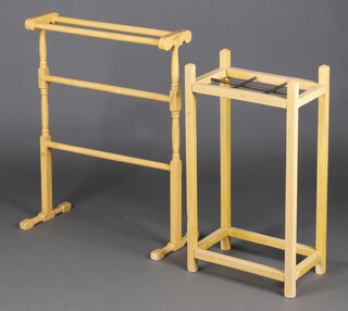 A Victorian cream painted towel rail decorated butterflies 79cm h x 61cm w together with a matching rectangular umbrella stand 73cm h x 41cm w x 26cm d (no drip tray)