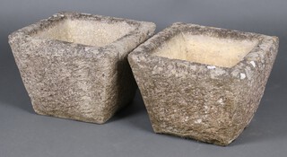 A pair of square well weathered concrete garden planters 28cm h x 38cm 
