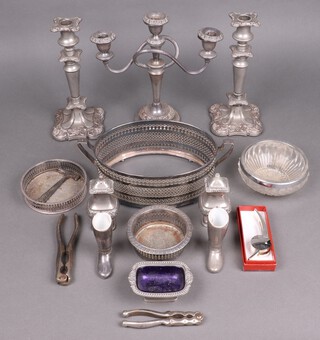 A 3 light silver plated candelabrum, a pair of silver plated candlesticks together with a collection of other plated wares