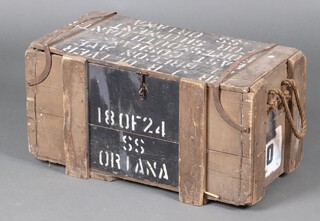 A rectangular wooden shipping truck with P & O Orient Lines label, stencilled SS Oriana 34cm h x  68cm w x 36cm d 