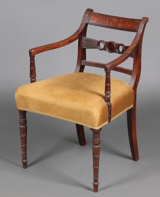 A Georgian mahogany bar back carver/desk chair with overstuffed seat, on turned supports 81cm h x 56cm w x 47cm d  