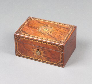 A Victorian rectangular inlaid walnut trinket box with hinged lid, star inlay to lid and front, 7cm x 22cm w x 16cm d 