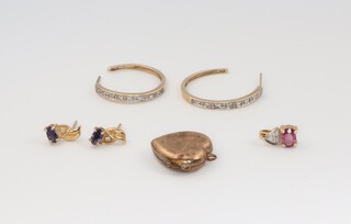A 9ct gold gem set pendant,  a pair of 9ct yellow gold  hoop earrings and 1 other pair of earrings 4.5 grams,  together with a gilt metal locket