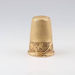 An Edwardian yellow gold, testing as 18ct engraved thimble, monogrammed PF, 5 grams, cased 