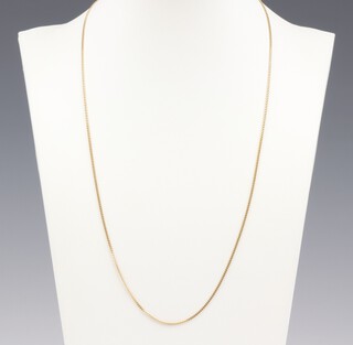 A yellow gold, testing as 18ct, fine link chain, 51cm, 3.5 grams 