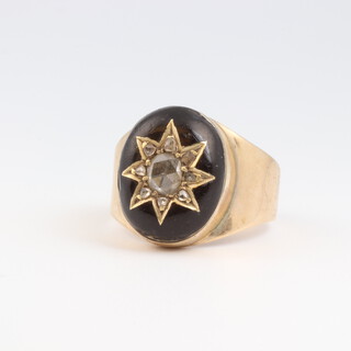 A gentleman's yellow gold, testing as 9ct and enamelled signet ring, set diamonds approx. 0.35ct, 8.2 grams 