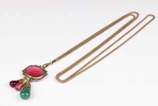 A Victorian gilt muff chain, with quartz, amethyst and hardstone pendants 