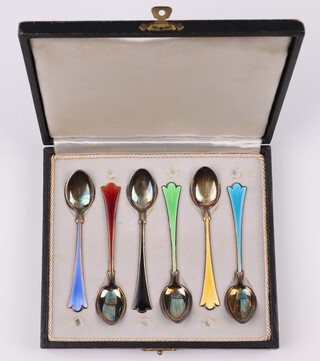 Six Norwegian Sterling silver and enamelled coffee spoons, cased 