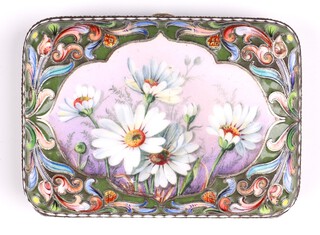 A 19th Century Russian 84 standard silver and enamelled hinged purse, circa 1880, with floral panels decorated daisies, the lid with bust mark and no. 84, 7cm x 6cm  