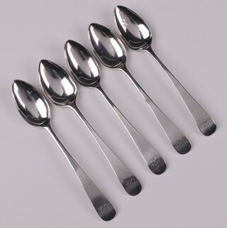 Five Georgian silver Old English pattern teaspoons, monogrammed, hallmarked Newcastle, by Thomas Watson (1794-1798), 55 grams