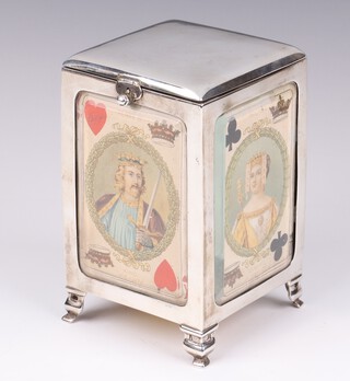 Levi & Salaman, an Edwardian silver playing card holder decorated playing cards, the interior with sprung movement containing 2 packs of cards, Birmingham 1903 (marks rubbed) 12cm h x 8cm w x 8cm d