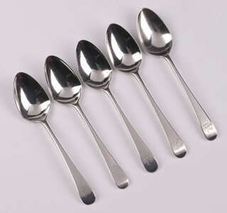 A set of 5 William IV silver Old English pattern teaspoons with armorial decoration, London 1834, by George Smith (III) and William Fearn, 65 grams  