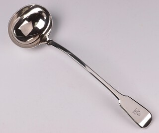 A Victorian silver fiddle pattern soup ladle with armorial decoration, London 1841 by Joseph and Albert Savoury (marks rubbed) 310 grams 
