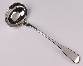 A George III silver fiddle pattern silver soup ladle London 1813, makers marks rubbed, 245 grams 