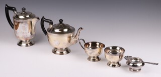A Viners 4 piece silver plated tea service with teapot, hot water jug, sugar bowl and milk jug together with a silver plated tea strainer 