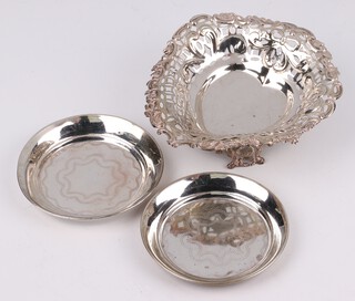 A Victorian pierced silver heart shaped dish London 1894, marks rubbed, together with 2 circular engraved silver dishes London 1923  106 grams 