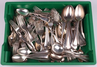 A quantity of Old English pattern silver plated flatware, some with armorial decoration 