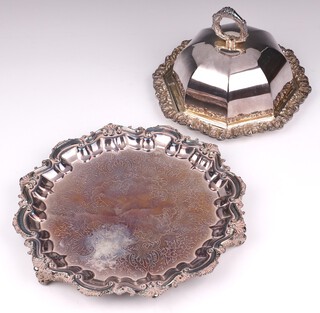 An octagonal silver plated dish and cover with cast bracketed border 20cm and an engraved silver plated salver with bracketed border 27cm 