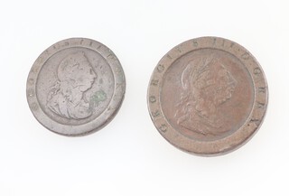 George III, two solid copper coins dated 1797, twopence (S3776) and penny (S3777), Birmingham cartwheel coinage (Soho mint)