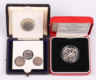A Maundy 1905 threepence and fourpence and a 1902 twopence and fourpence together with a 1994 silver proof PA4 one pound coin 