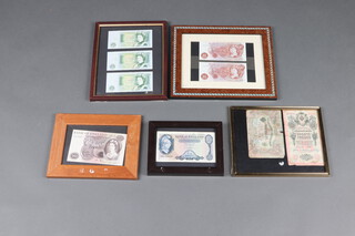 A collection of framed bank notes to include a pair of 1909 ten ruble notes, a 1955 to 1962 five pound note, a John Fforde ten pound note, a John Fforde ten shilling note and 3 one pound notes  