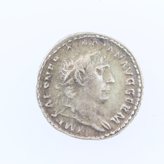 Roman Empire, Trajan silver denarius coin, obv laureate head (r), rev Victory (l) holding wreath and palm, Rome 102AD (RIC60, RSC242a)