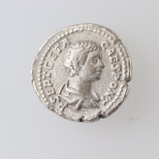 Roman Empire, Geta silver denarius coin, Obv, draped and bare-headed (r), rev Felicitas standing (l) holding caduceus and cornucopia, Rome 203AD (S7173, RIC 9a, RSC 38a)