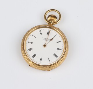 An 18ct yellow gold cased, keyless, open faced pocket watch by Russells of 118 Church Street Liverpool, the back signed and numbered 255924, 47.4 grams gross 