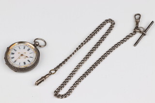 H Samual, an open faced key wind fob watch with enamelled dial and Roman numerals, contained in a silver case, together with a silver Albert 26 grams 