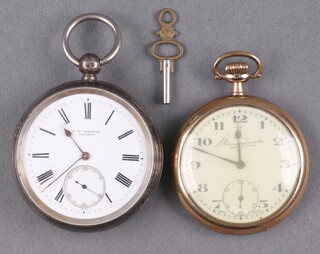 J W Benson "The Ludgate Watch", a Victorian open faced key wind pocket watch with enamelled dial, Roman numerals and subsidiary second hand contained in a silver case London 1885 (currently running) together with J Hargreaves open faced keyless pocket watch  with enamelled dial and Arabic numerals, contained in a rolled gold case (currently running) 