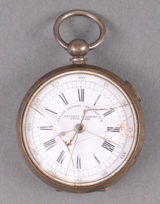 A Centre Seconds Chronograph open faced pocket watch  with enamelled dial, Roman numerals marked Centre Seconds Chronograph Specially Examined Swiss Made, contained in a silver plated case (glass cracked) 