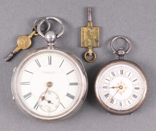 A Dickinson & Co. of Burnley, a William IV fusee open faced key wind pocket watch, with enamelled dial, Roman numerals and subsidiary second hand the movement numbered 16445, contained in a silver case, Chester 1827, complete with key (second hand missing), together with a key wind open faced fob watch with enamelled dial Roman numerals in a silver case (not working) 