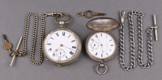 J N Jones, 358 Strand, London, an open cased key wind fob watch with with enamelled dial, Roman numerals numbered 26226, contained in a silver case London 1877 hung on a silver chain, together with an open faced key wind pocket watch with enamelled dial, Roman numerals 