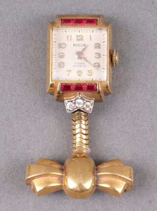 Nisus, a lady's 1950's pendant watch with gilt dial, Arabic numerals, contained in a gold plated case 