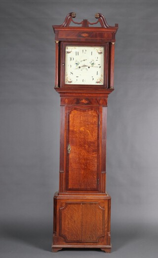 A 19th Century 8 day striking longcase clock with 36cm square painted dial, spandrels painted cornucopia with subsidiary second hand, calendar aperture, complete with pendulum, weights and key, contained in an inlaid oak case 220cm h 