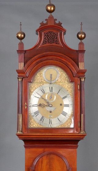 An 8 day grand sonnerie striking longcase clock, the 30cm arched gilt and silvered dial marked Robt Higgs London, (Robert Higgs), with chime on bell or Cambridge chime dial, Roman numerals, subsidiary second hand and calendar aperture, striking on 8 bells and 4 gongs, contained in a mahogany case 263cm, complete with pendulum, key and 3 weights 