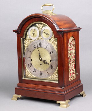 Klaftenberger Regent Street, a Victorian 8 day striking grand sonnerie bracket clock with 22cm gilt arched dial, slow/fast indicator, chime/silent indicator, silvered chapter ring, Roman numerals, striking on 8 bells and 1 gong, with unsigned back plate, contained in an arched mahogany case with brass handle to the top, raised on bracket feet 48cm h x 35cm w x 25cm d, complete with pendulum and key and wall mounting bracket 