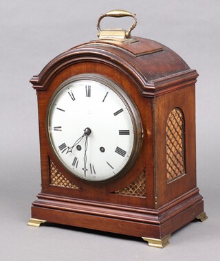 A Georgian style, striking on gong, bracket clock with 17cm enamelled dial, Roman numerals, contained in an arch shaped inlaid mahogany case 32cm h x 26cm w x 17cm d