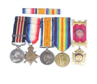 A group of 4 medals to 14007 Private F Warner, 2nd Grenadier Guards comprising George V issue Military medal and bar, 1914-15 Star, British War medal and Victory medal, mounted, together with a Royal Antediluvian Order of Buffalos gilt jewel, also with a photocopy of London Gazette entry for the Military medal dated 19th March 1918 and bar 11th February 1919 