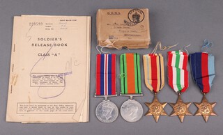 A group of 5 medals attributable to C R Knight, Royal Catering Corps, late of 3 Rose Cottage, Victoria Road, Herstmonceux, comprising 1939-45 Star, Africa Star, Italy Star, Defence and War medal with certificate and original posting box, together with a soldier's Release Book Class A 