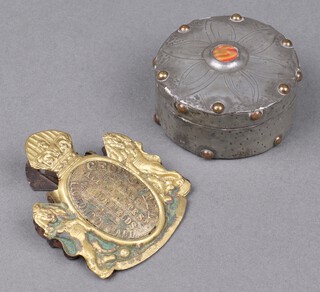 A 19th Century embossed metal letter clip marked Geo. W Powell 158159 Aldersgate Street, 4 Morfield London, 7cm together with an Art Nouveau pewter jar and cover 3cm 