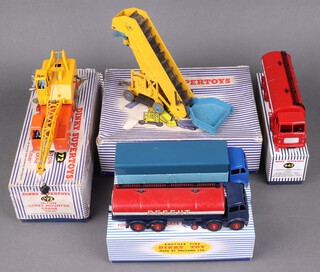 Two boxed Dinky Supertoys vehicles - Elevator Loader 964 and 20 Ton Lorry Mounted Crane 972 together with 3 reproduction vehicles Foden Diesel 8 Wheel Wagon 901, Foden 14 Ton Tanker 942 and a Dinky Supertoys Leyland Octopus Tanker no. 943