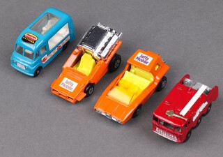 Matchbox Toys, a Sooper Fast Sooper Cooper no. 37 in orange with promotional Jaffa mobile decal, together with a  Sooper Fast Tyre Fryer no. 42 in orange with promotional Jaffa mobile decal sticker, a Commer Ice Cream Canteen no. 47 (with Lord Nelson decal)  and a Foamite Crash Tender no. 63 