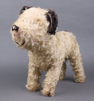 A 1930's Merrythought? mohair Terrier stuffed with wood wool, 35cm (missing button eyes) 